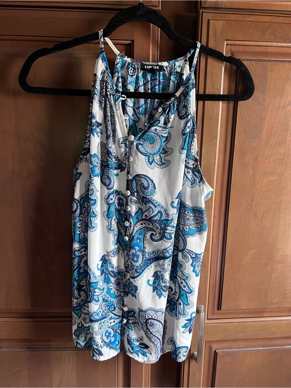 Express White & Blue Paisley Spaghetti Strap Tank & White Pleated Lace-Trim Cami